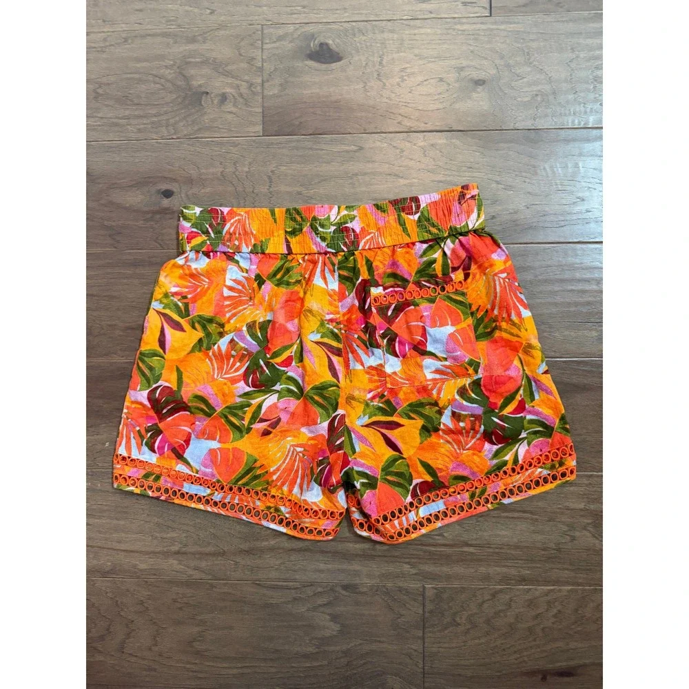 C&C California Women XL Orange Tropical Linen Shorts Boho Eyelet Tassel Trim - Picture 4 of 7